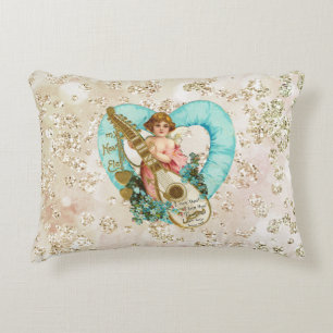 Cojín Decorativo Querube y arpa de oro Bokeh Bling del corazón de