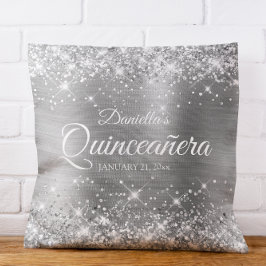 Cojín Decorativo Quinceañera Brillante de Plata con Purpurina y Hoj