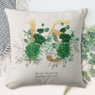 Cojín Decorativo Quinceañera Esmeralda Verde Floral Oro Número 15