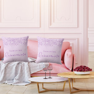 Cojín Decorativo Quinceanera gotas de purpurina púrpura monograma