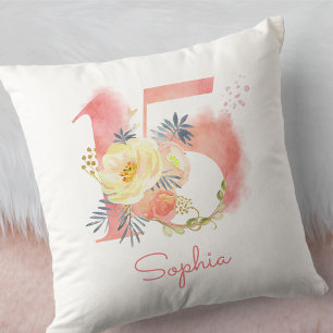Cojín Decorativo Quinceañera Número 15 Aquarela Niebla Floral
