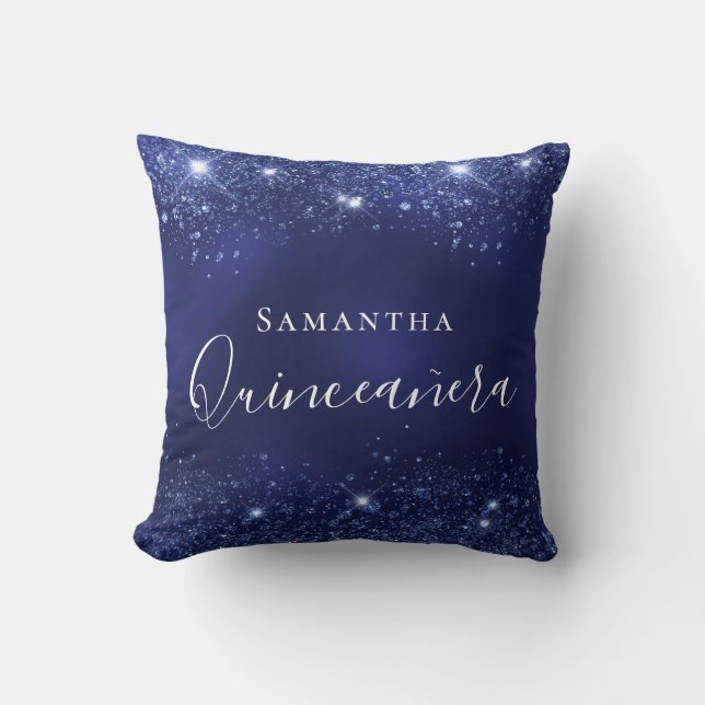 Cojín Decorativo Quinceanera purpurina azul marino destellos nombre (Anverso)