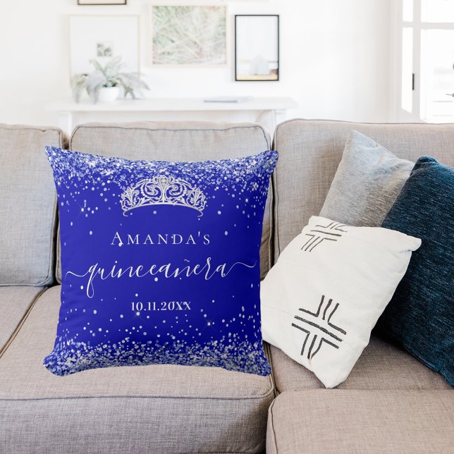 Cojín Decorativo Quinceanera purpurina azul real polvo tiara nombre (Subido por el creador)