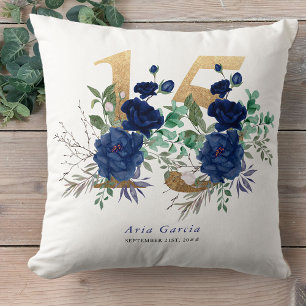 Cojín Decorativo Quinceañera Rosa Azul Floral Número 15 de Oro