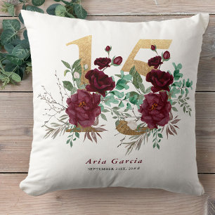 Cojín Decorativo Quinceañera Rosa Roja Floral Número 15 de Oro