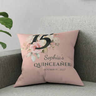 Cojín Decorativo Quinceanera Rústica Floral Rosa Rubor 15º cumpleañ