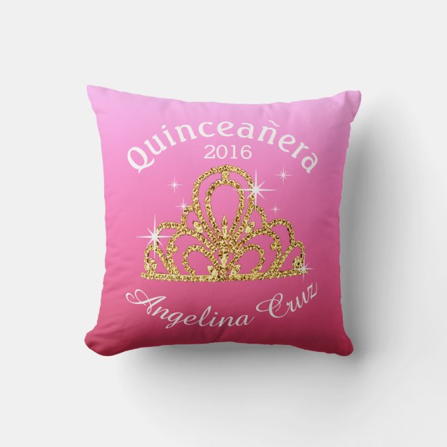Cojín Decorativo Quinceañera Tiara Bokeh| rosa oscuro (Anverso)