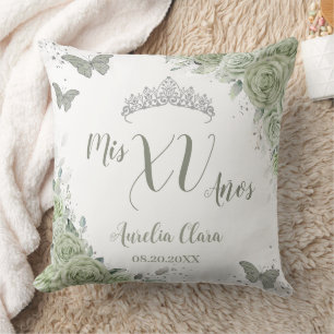 Cojín Decorativo Quinceanera XV 15 Mariposas Floral Verde Sage