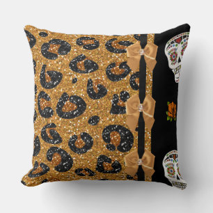 Cojín Decorativo RAB Rockabilly Oro Estampado de Leopardo Calaveras