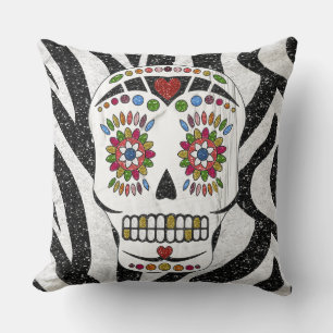 Cojín Decorativo RAB Rockabilly Sugar Skull en estampado cebra