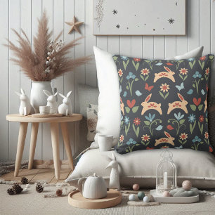 Cojín Decorativo Rabbits Flores silvestres Aves Arte Popular