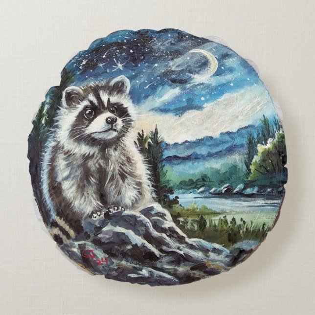 Cojín decorativo Raccoon y Moon Round (Anverso)