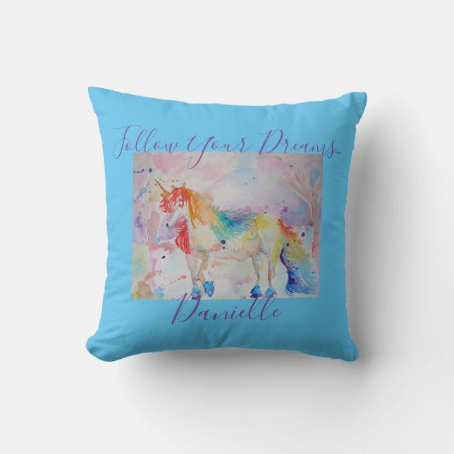 Cojín Decorativo Rainbow Unicorn sigue tus sueños (Anverso)