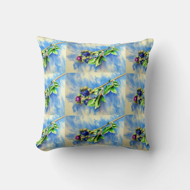 Cojín Decorativo Rama de arándano azul, pintura acuarela (Anverso)