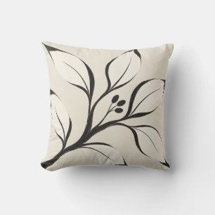 Cojín Decorativo Rama de Hoja Botánica de Marfil Negro
