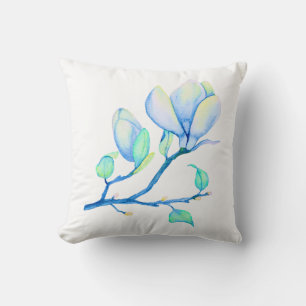 Cojín Decorativo Rama de magnolia acuarela azul verde botánica