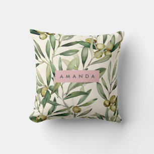 Cojín Decorativo Rama de olivo elegante personalizada con acuarela