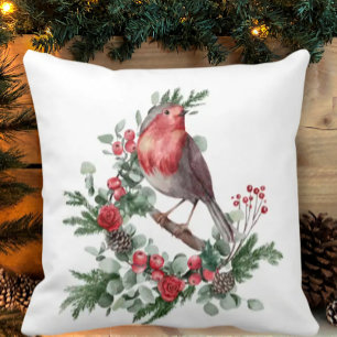 Cojín Decorativo Rama de pino con bayas de acebo pájaro de Navidad 