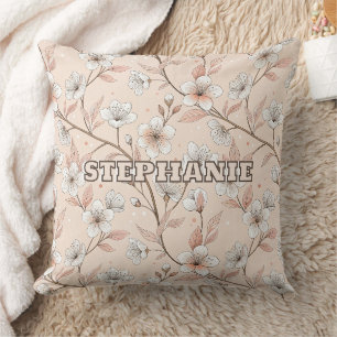 Cojín Decorativo Rama Floral de Melocotón Suave con Flores Blancas