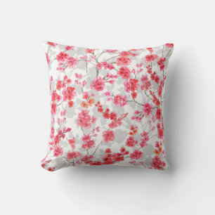 Cojín Decorativo Ramas de flores de cerezo en espalda blanca y gris