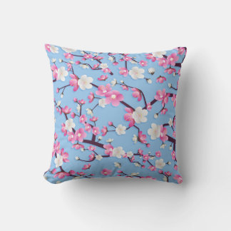Cojín Decorativo Ramas de flores rosadas en fondo azul cielo