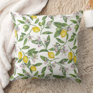 Cojín Decorativo Ramas de limón con flores y fruta en blanco