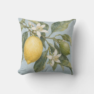 Cojín Decorativo Ramas de limón florecen azul botánico acuarela