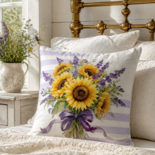Cojín Decorativo Ramillete de girasoles y lavanda en acuarela rústi