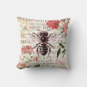 Cojín Decorativo Ramillete de rosa abeja vintage efímera decoupage