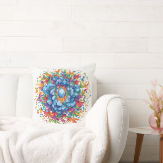 Cojín Decorativo Ramillete floral azul de acuarela vibrante