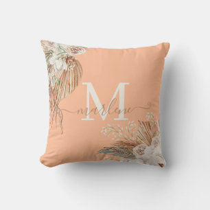 Cojín Decorativo Ramo de Acuarela Boho Monograma Fuzz Melocotón