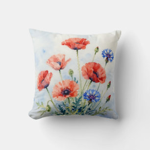 Cojín Decorativo Ramo de amapola roja acuarela y aciano azul