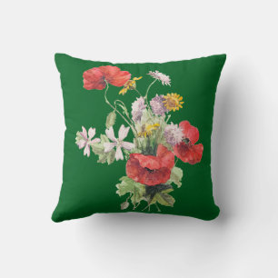 Cojín Decorativo Ramo de flores, fondo verde cazador,