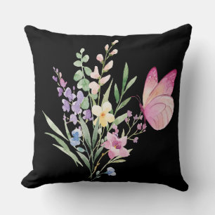 Cojín Decorativo Ramo de flores silvestres en acuarela con mariposa