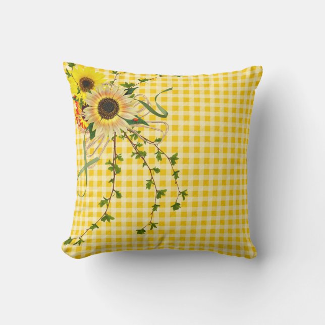 Cojín Decorativo ramo de girasol en gingham (Anverso)