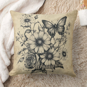 Cojín Decorativo Ramo de margarita rosa mariposa sepia vintage