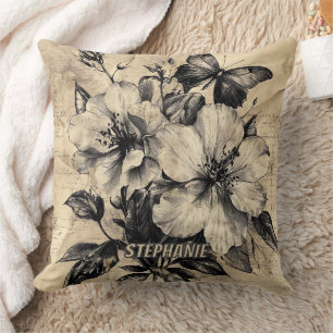 Cojín Decorativo Ramo de mariposa hibisco sepia vintage