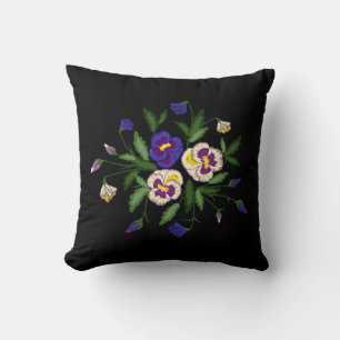 Cojín Decorativo Ramo de Pensamientos Bordados Morado Azul Blanco