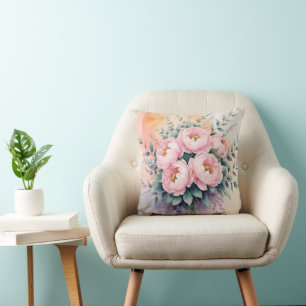 Cojín Decorativo "Ramo de Peonía Rosada al Atardecer Floral Acuar