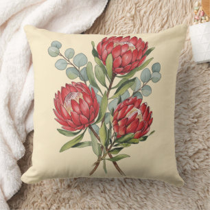 Cojín Decorativo Ramo de Protea Carmesí Acuarela