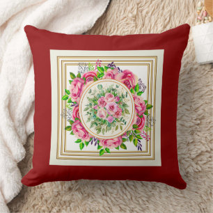 Cojín Decorativo Ramo de Rosa Rosa Acuarela Elegante Rojo