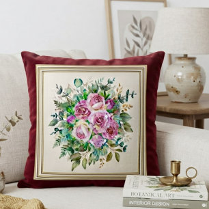 Cojín Decorativo Ramo de Rosa Rosa Acuarela Elegante Rojo