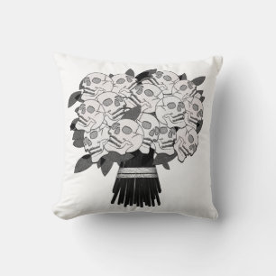 Cojín Decorativo Ramo de rosas de cráneo en blanco y negro