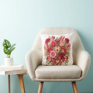 Cojín Decorativo : Ramo floral botánico romántico con corazones un