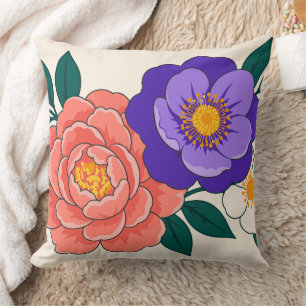Cojín Decorativo Ramo Floral con Flores Moradas y Coralinas