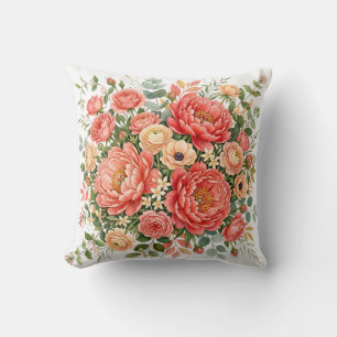 Cojín Decorativo Ramo Floral de Peonía de Coral y Melocotón Elegant