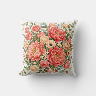 Cojín Decorativo Ramo Floral de Peonía de Coral y Melocotón Elegant