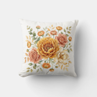 Cojín Decorativo Ramo Floral Vintage Ocra y Rosa 