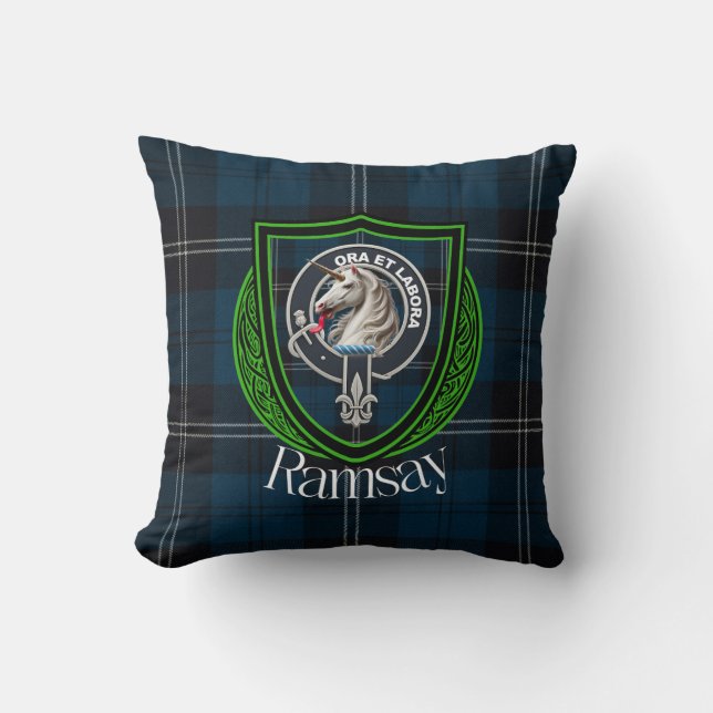 Cojín Decorativo Ramsay Scottish Clan Tartan & Escudo (Anverso)