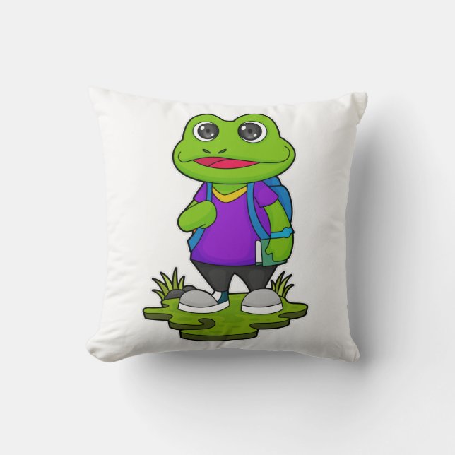 Cojín Decorativo Rana como excursionista con mochila (Anverso)